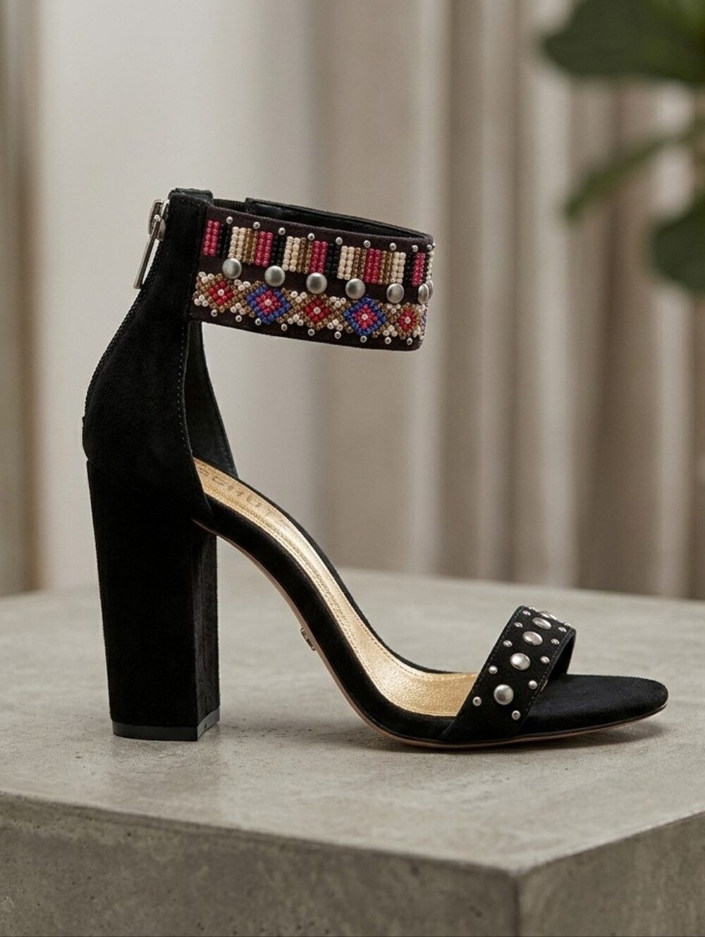 NWOT Schutz 7.5 Boho Resortwear Southwestern Suede Studded Beaded Open Toe Heels